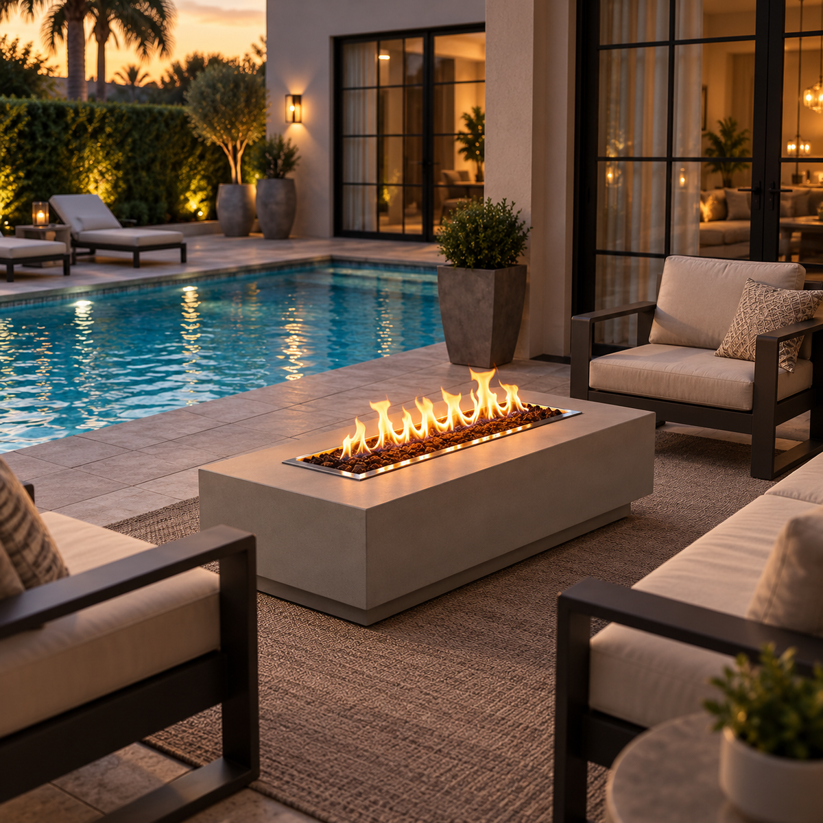 ElectraBlaze fire pit table beside a pool at sunset
