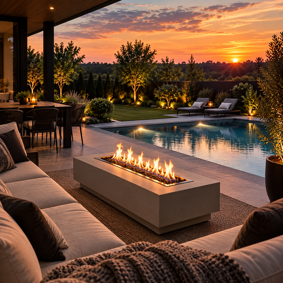 Fire pit table at the center of a sunset patio lounge